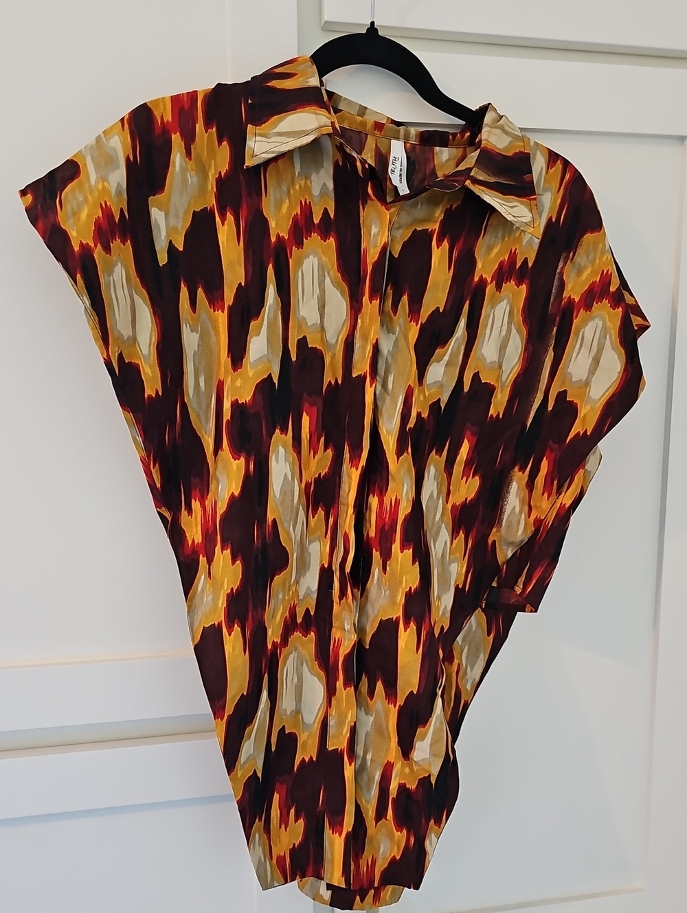 Truth Abstract Button-Down Top in Burgundy, Gold and Tan